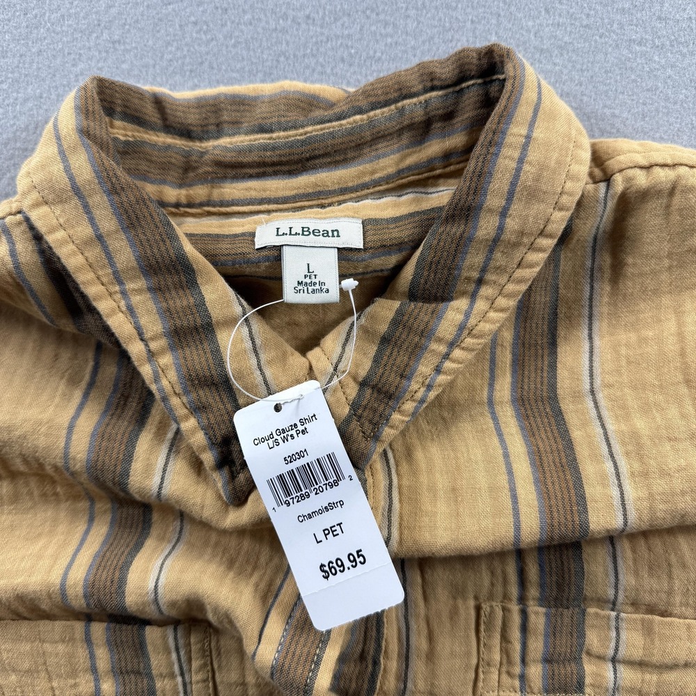L.L.Bean Shirt Womens LG Petite Beige Cloud Gauze Striped Button Top Long Sleeve - Picture 5 of 7